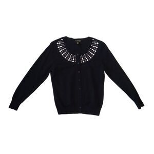 Top Knits Black Tight Knit Gem Collar Long Sleeve Button Front Cardigan Sweater